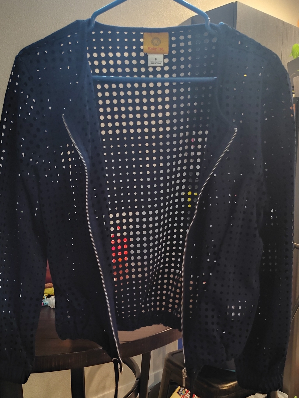 Ruby Rd. Navy Perforated Zip Bomber Jacket